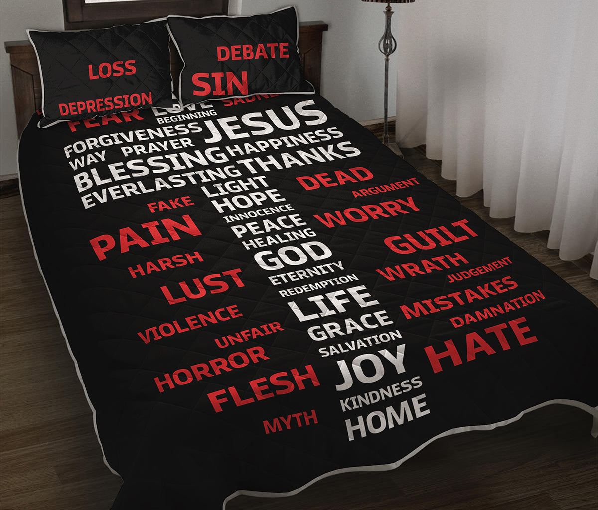 Christian Cross Religious Words Print Quilt Bed Set