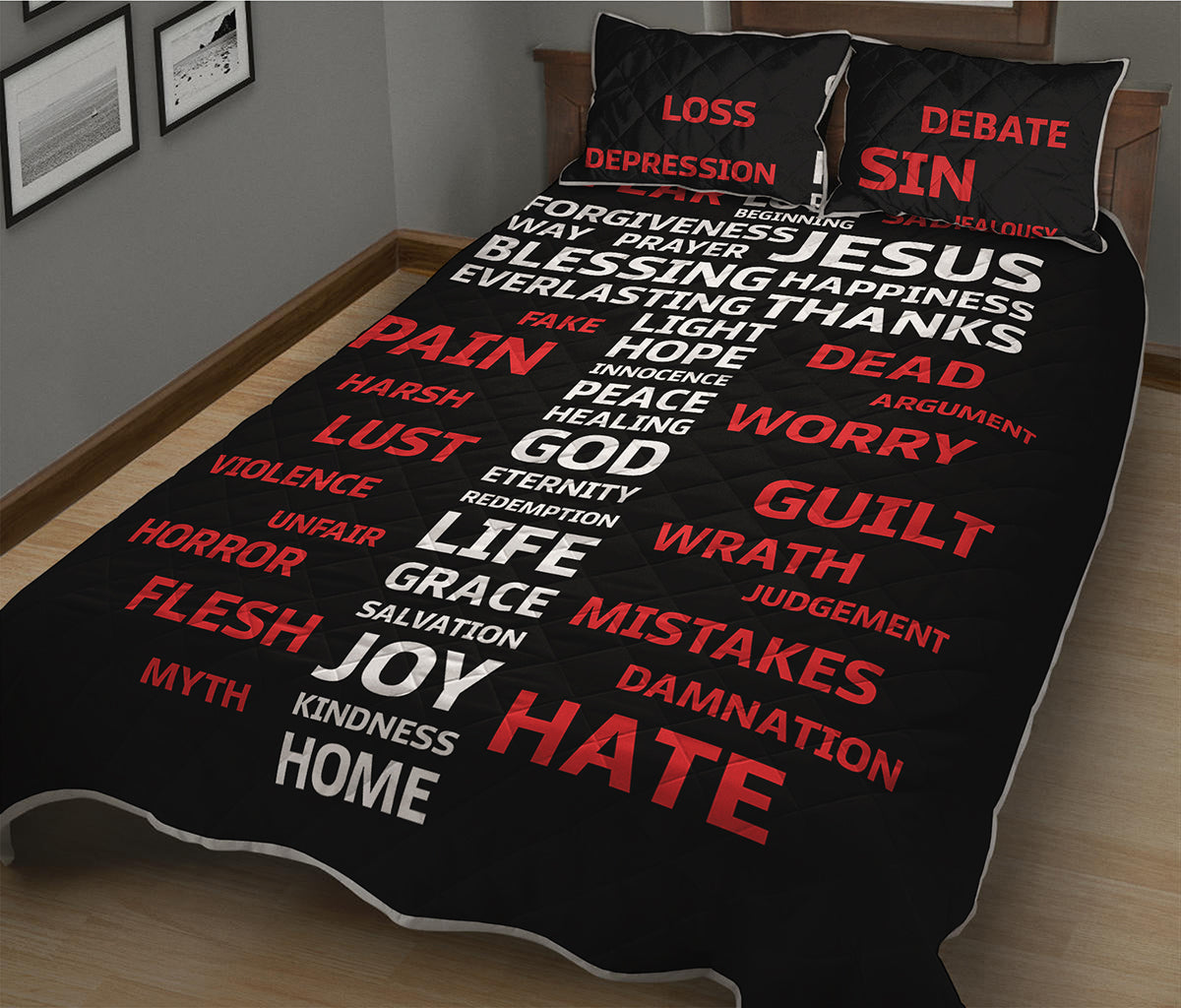 Christian Cross Religious Words Print Quilt Bed Set