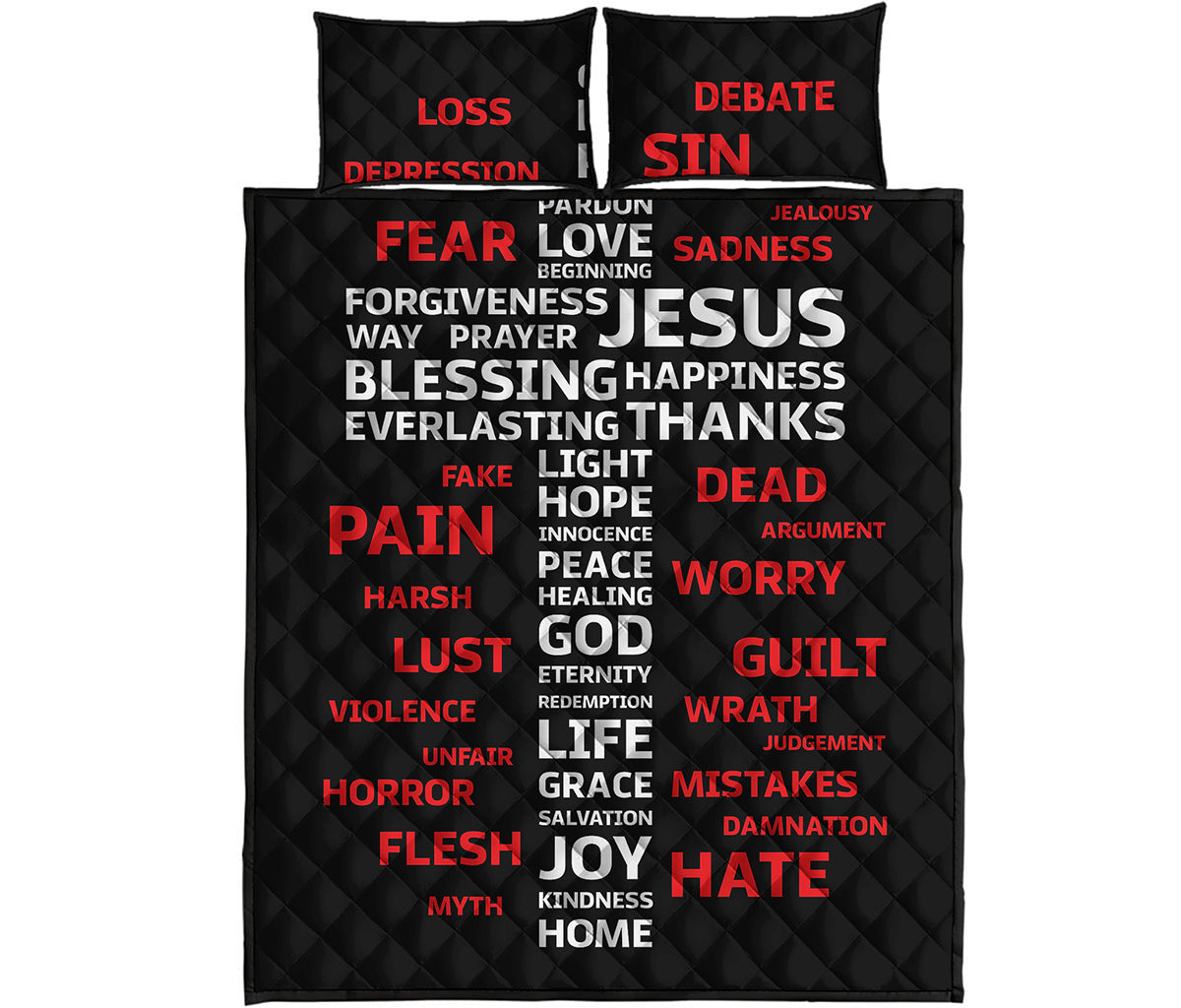 Christian Cross Religious Words Print Quilt Bed Set