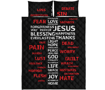 Christian Cross Religious Words Print Quilt Bed Set