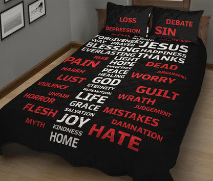 Christian Cross Religious Words Print Quilt Bed Set