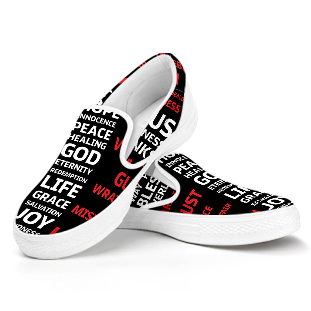 Christian Cross Religious Words Print White Slip On Shoes