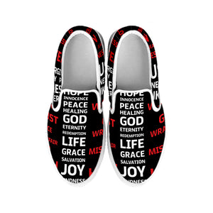 Christian Cross Religious Words Print White Slip On Shoes