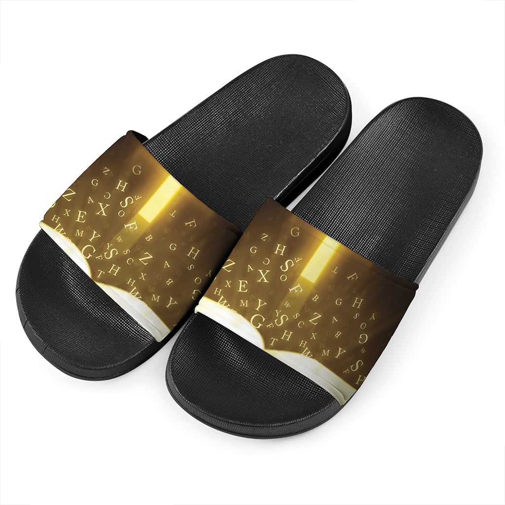 Christian Holy Bible Print Black Slide Sandals