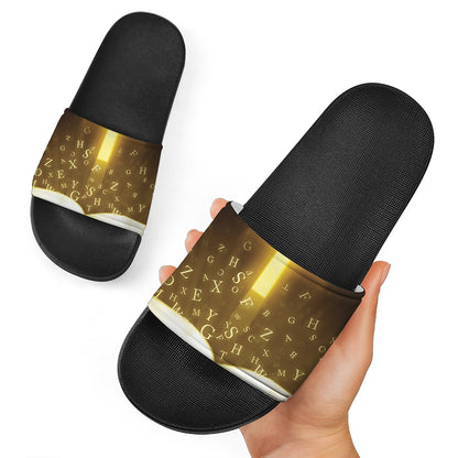 Christian Holy Bible Print Black Slide Sandals