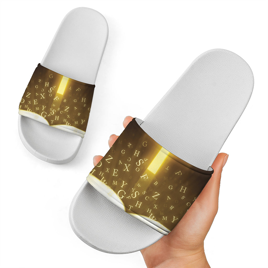 Christian Holy Bible Print White Slide Sandals