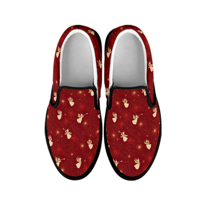 Christmas Angel Pattern Print Black Slip On Shoes