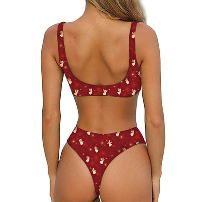 Christmas Angel Pattern Print Front Bow Tie Bikini