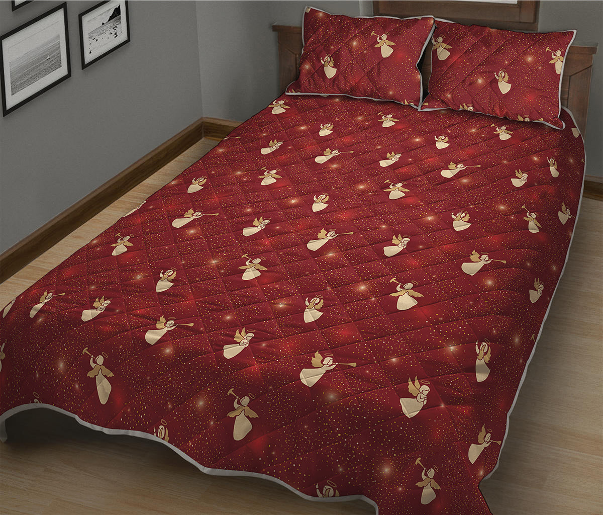 Christmas Angel Pattern Print Quilt Bed Set