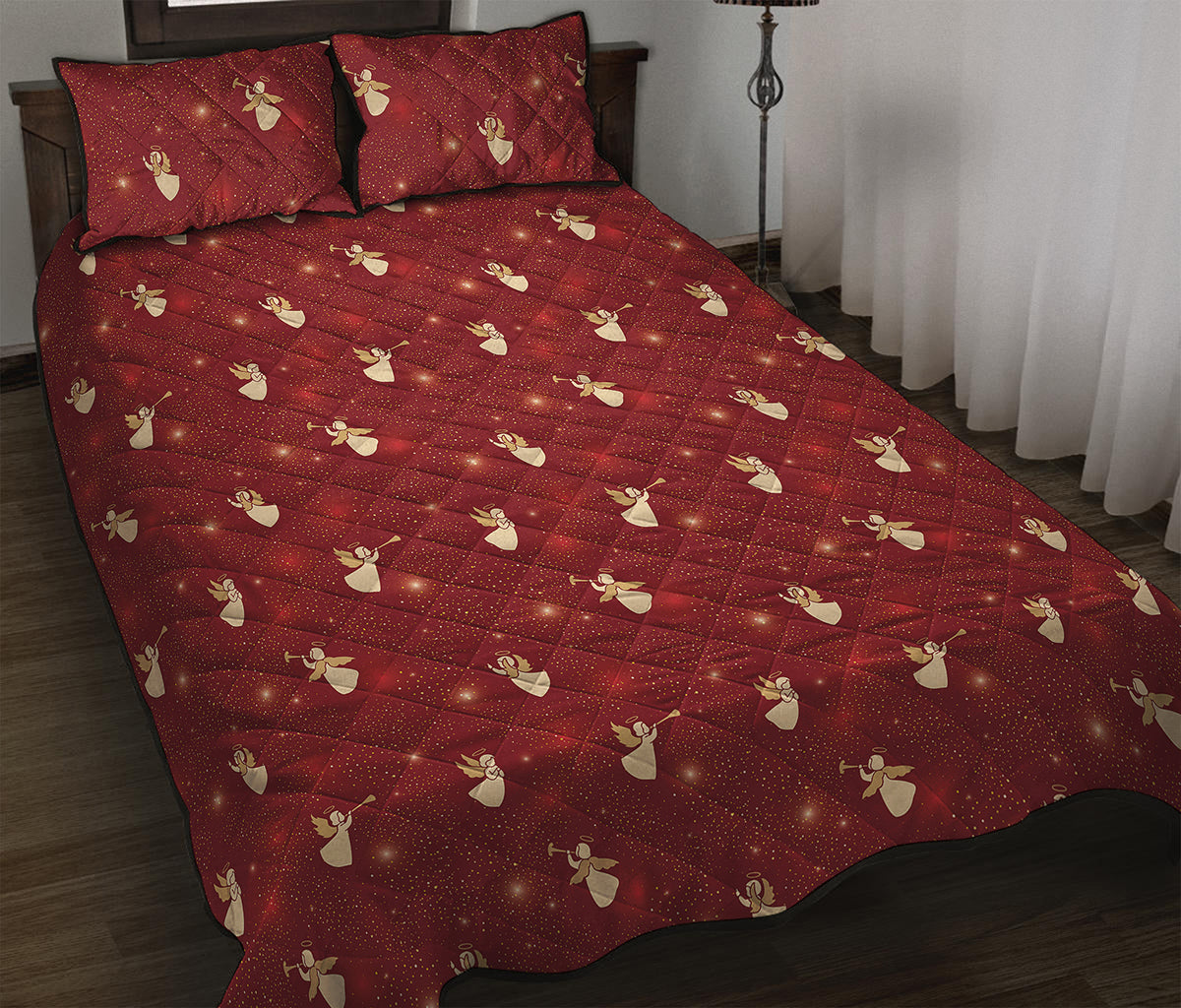 Christmas Angel Pattern Print Quilt Bed Set