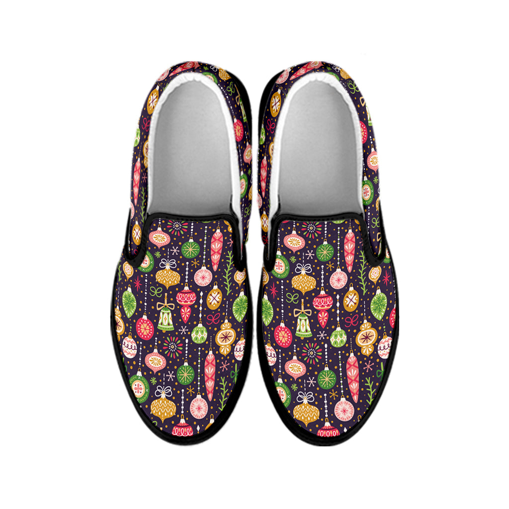 Christmas Baubles Pattern Print Black Slip On Shoes