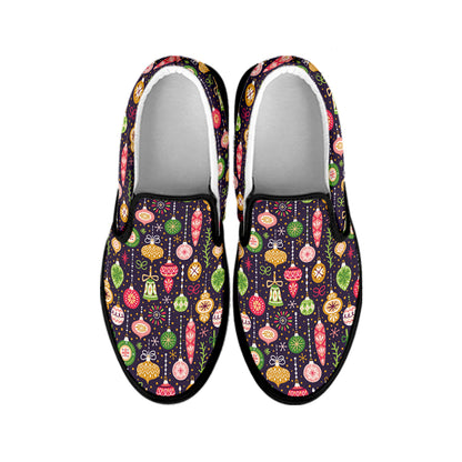 Christmas Baubles Pattern Print Black Slip On Shoes