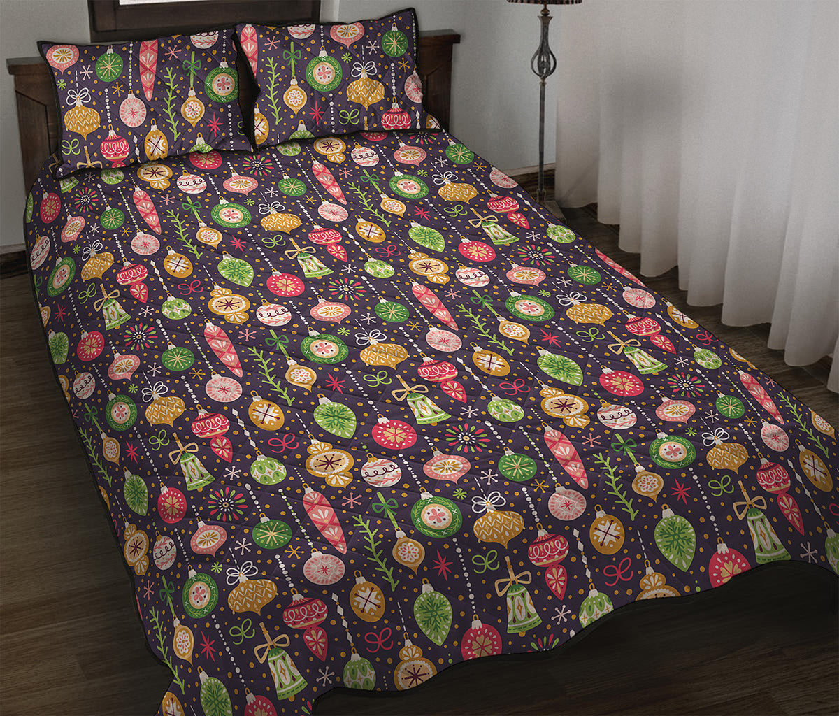 Christmas Baubles Pattern Print Quilt Bed Set