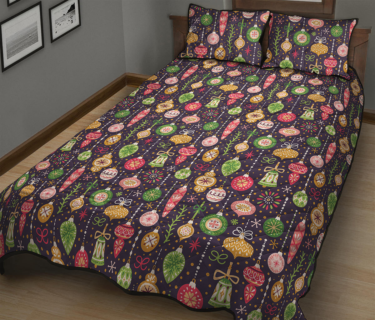 Christmas Baubles Pattern Print Quilt Bed Set