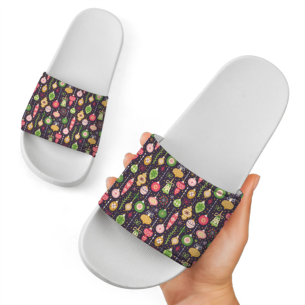 Christmas Baubles Pattern Print White Slide Sandals