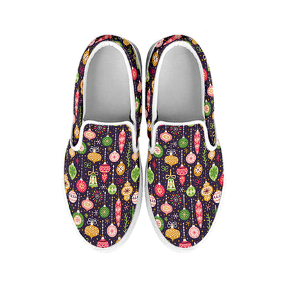 Christmas Baubles Pattern Print White Slip On Shoes