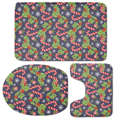 Christmas Berry And Candy Pattern Print 3 Piece Bath Mat Set