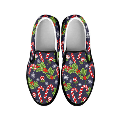 Christmas Berry And Candy Pattern Print Black Slip On Shoes