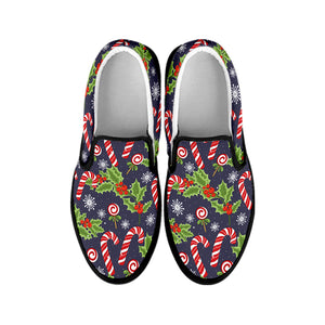 Christmas Berry And Candy Pattern Print Black Slip On Shoes