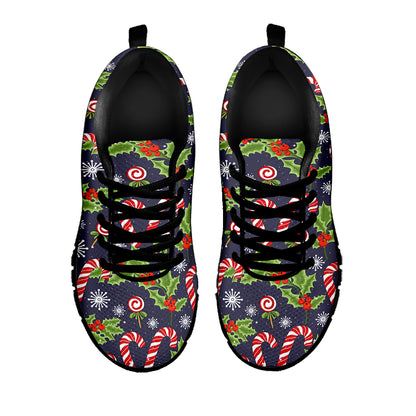 Christmas Berry And Candy Pattern Print Black Sneakers