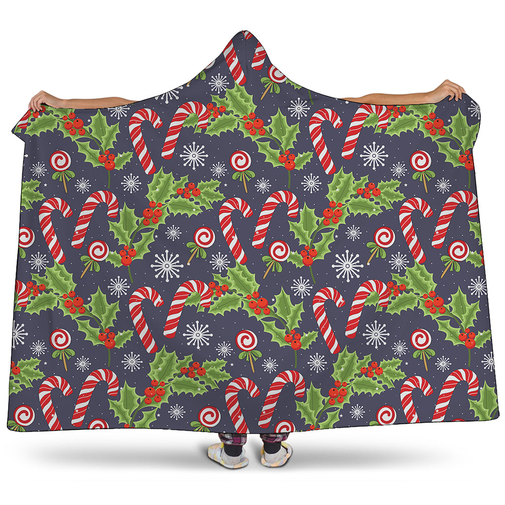 Christmas Berry And Candy Pattern Print Hooded Blanket