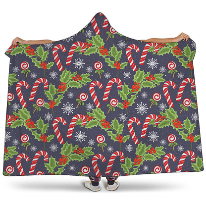 Christmas Berry And Candy Pattern Print Hooded Blanket