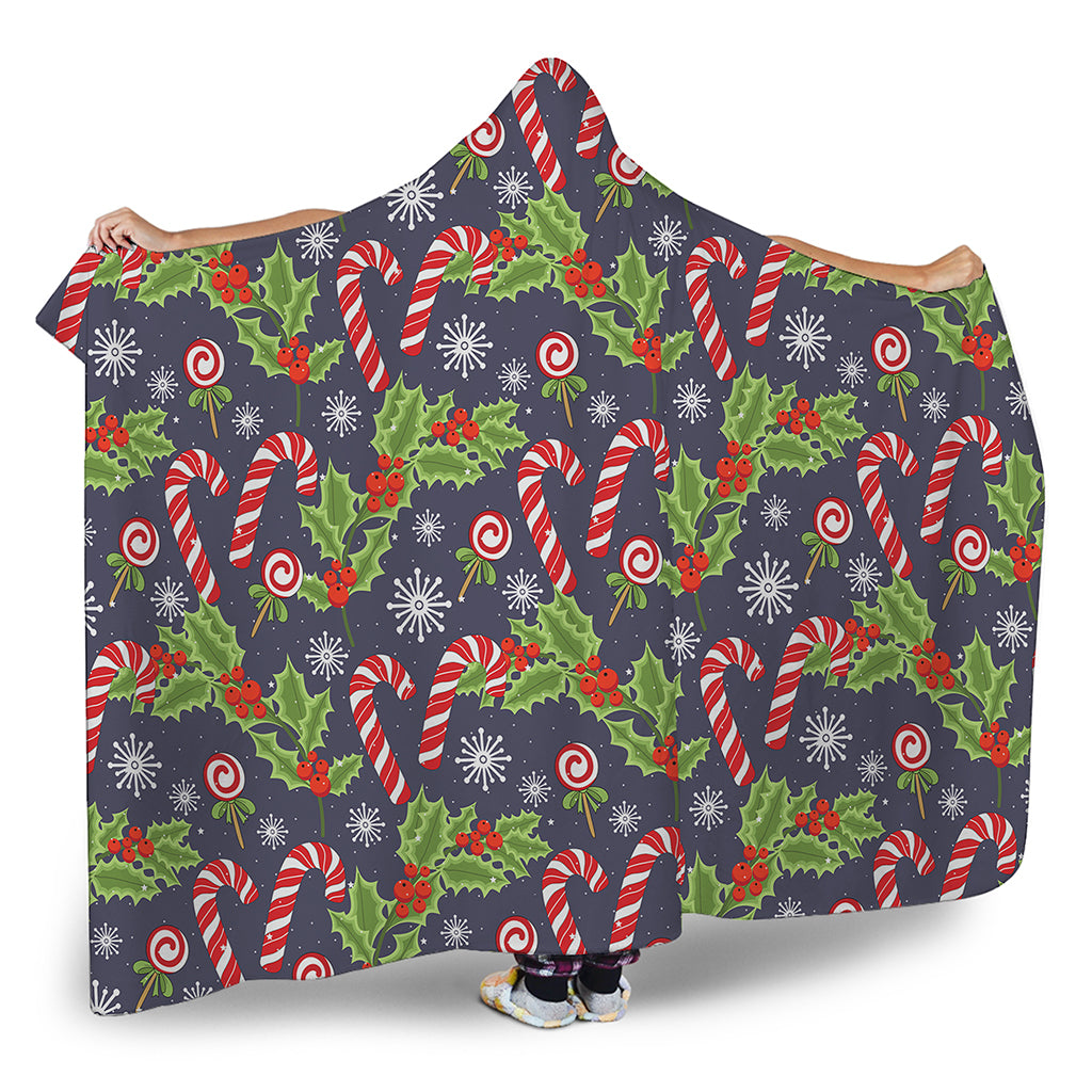 Christmas Berry And Candy Pattern Print Hooded Blanket