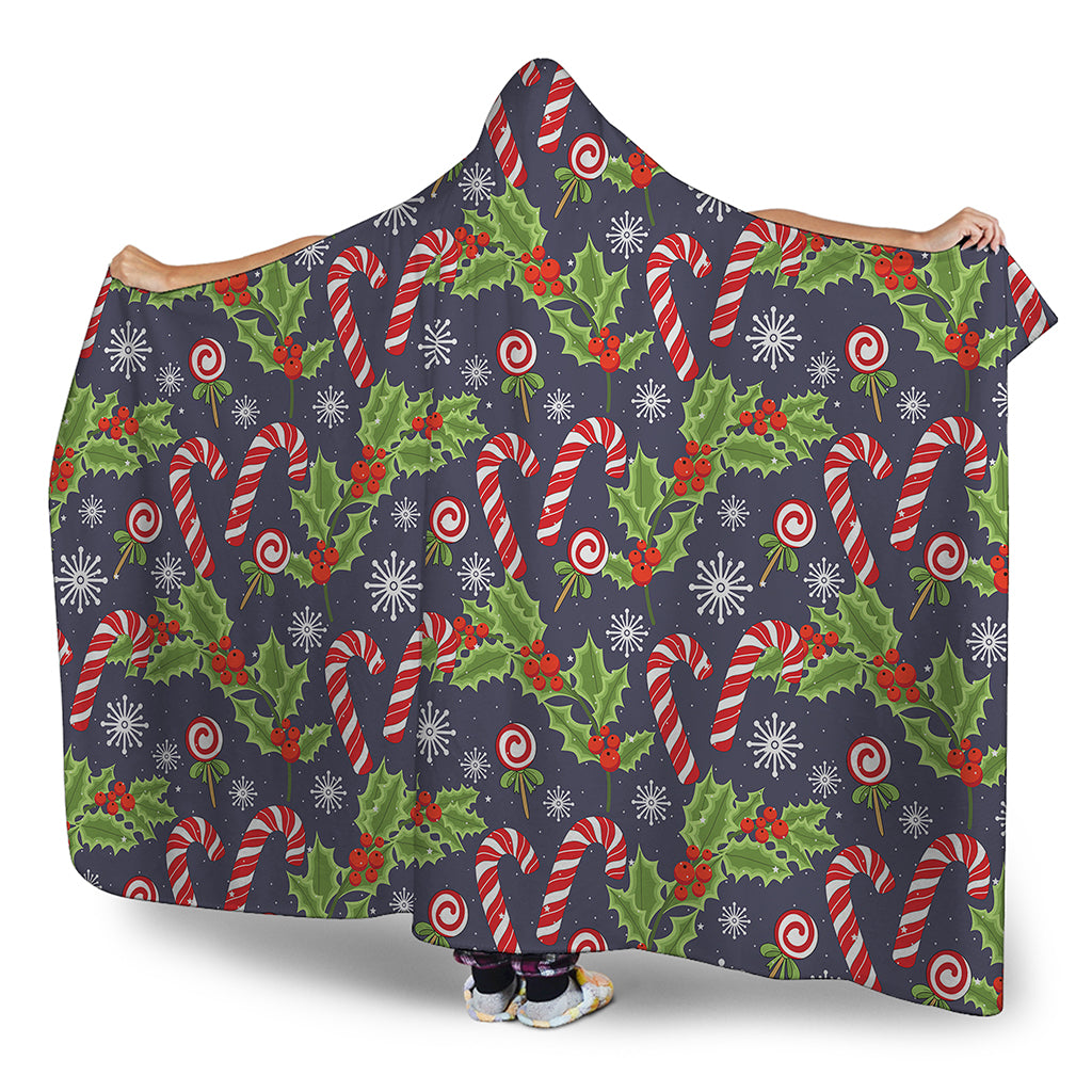 Christmas Berry And Candy Pattern Print Hooded Blanket
