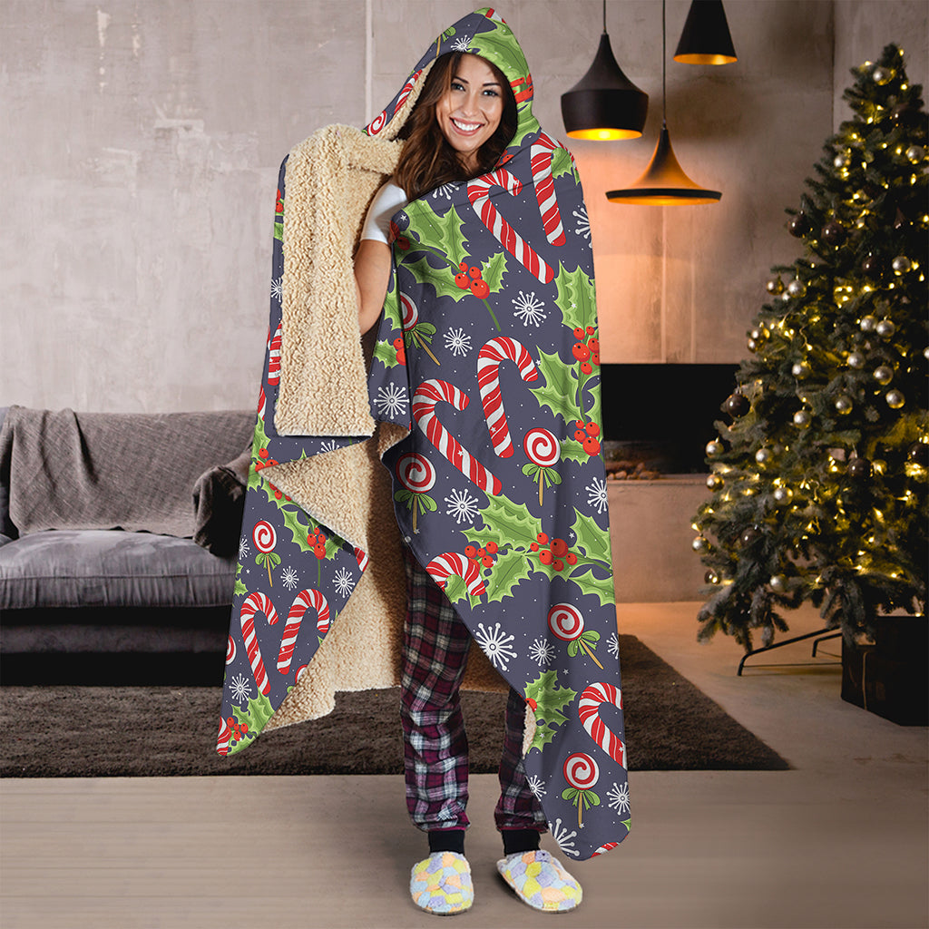 Christmas Berry And Candy Pattern Print Hooded Blanket