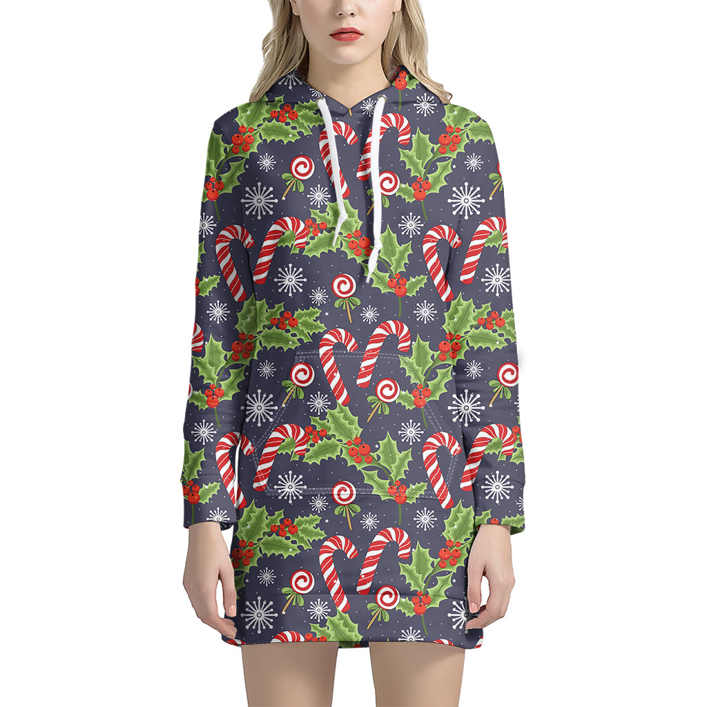 Christmas Berry And Candy Pattern Print Hoodie Dress