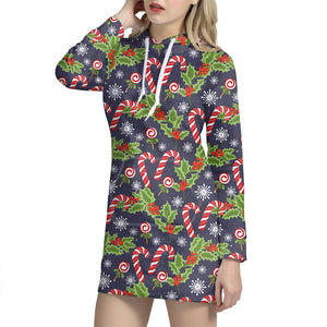 Christmas Berry And Candy Pattern Print Hoodie Dress