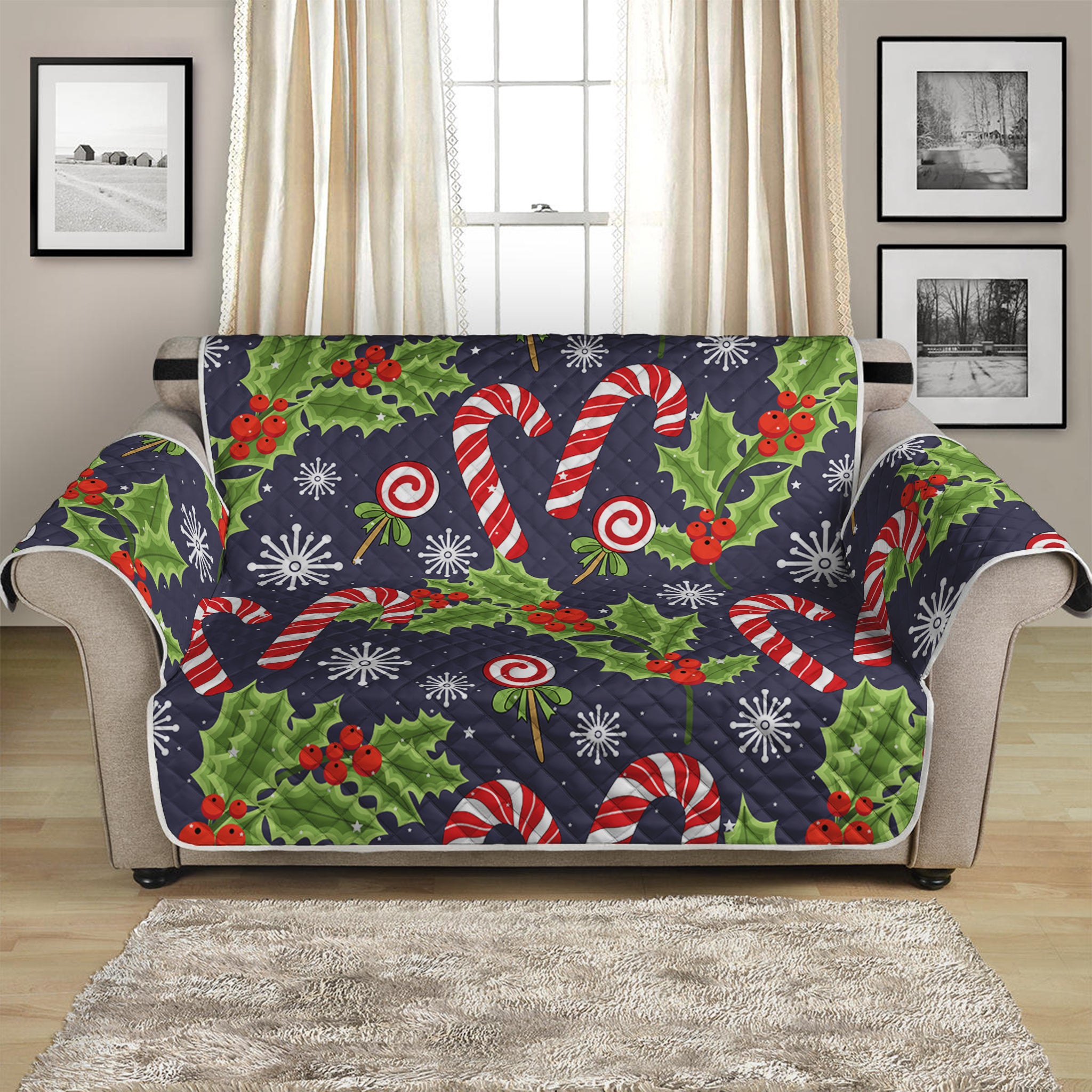 Christmas Berry And Candy Pattern Print Loveseat Protector