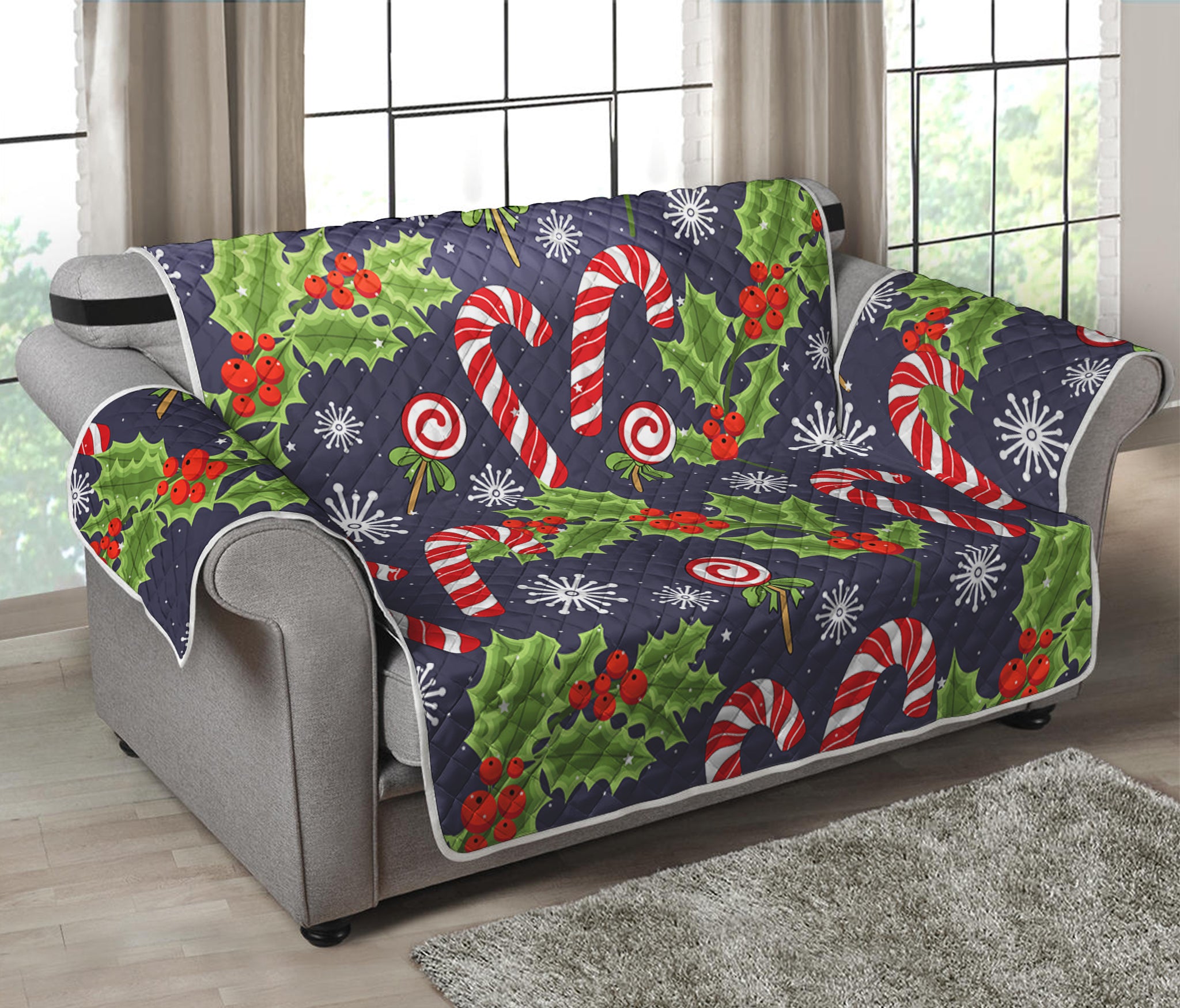 Christmas Berry And Candy Pattern Print Loveseat Protector