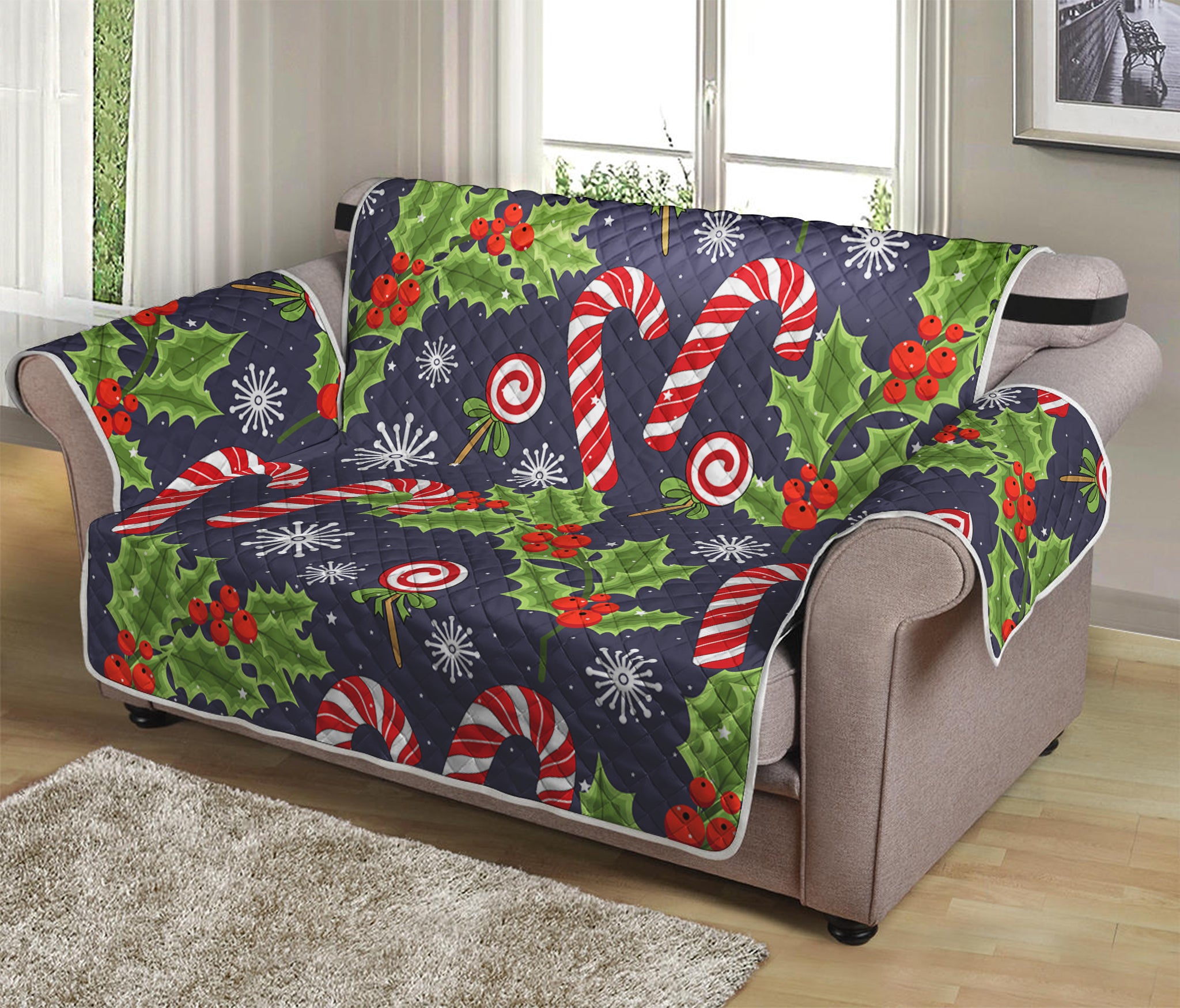 Christmas Berry And Candy Pattern Print Loveseat Protector