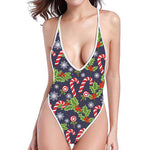 Christmas Berry And Candy Pattern Print One Piece High Cut Swimsuit