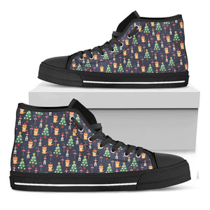 Christmas Boston Terrier And Corgi Print Black High Top Shoes