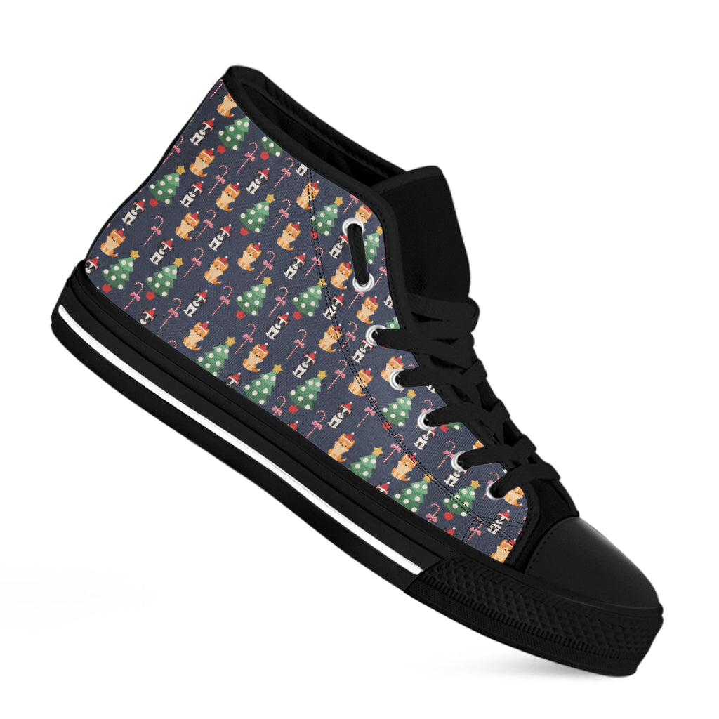 Christmas Boston Terrier And Corgi Print Black High Top Shoes