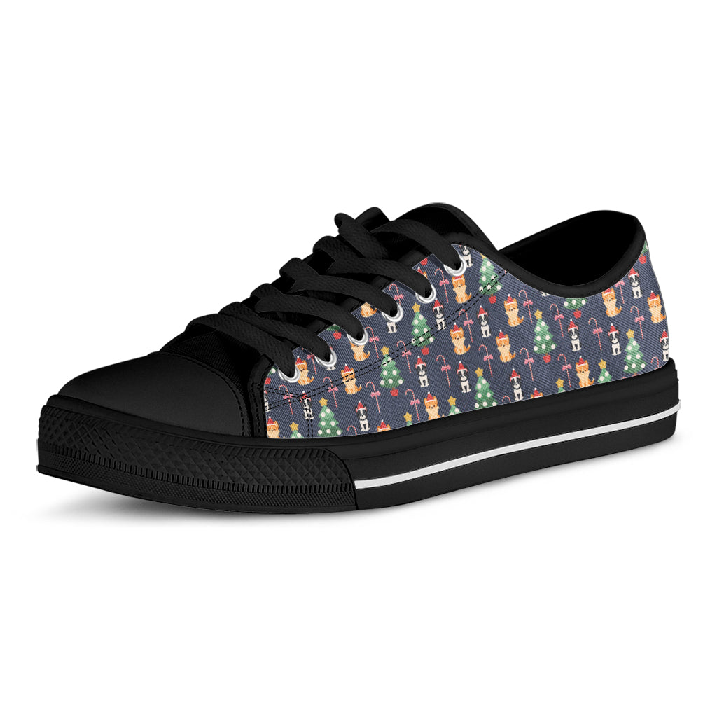 Christmas Boston Terrier And Corgi Print Black Low Top Shoes