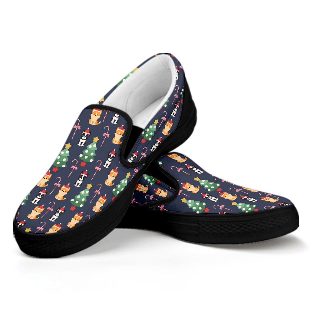 Christmas Boston Terrier And Corgi Print Black Slip On Shoes