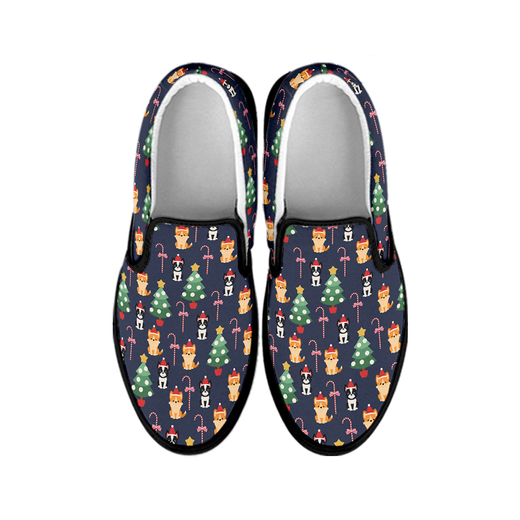 Christmas Boston Terrier And Corgi Print Black Slip On Shoes