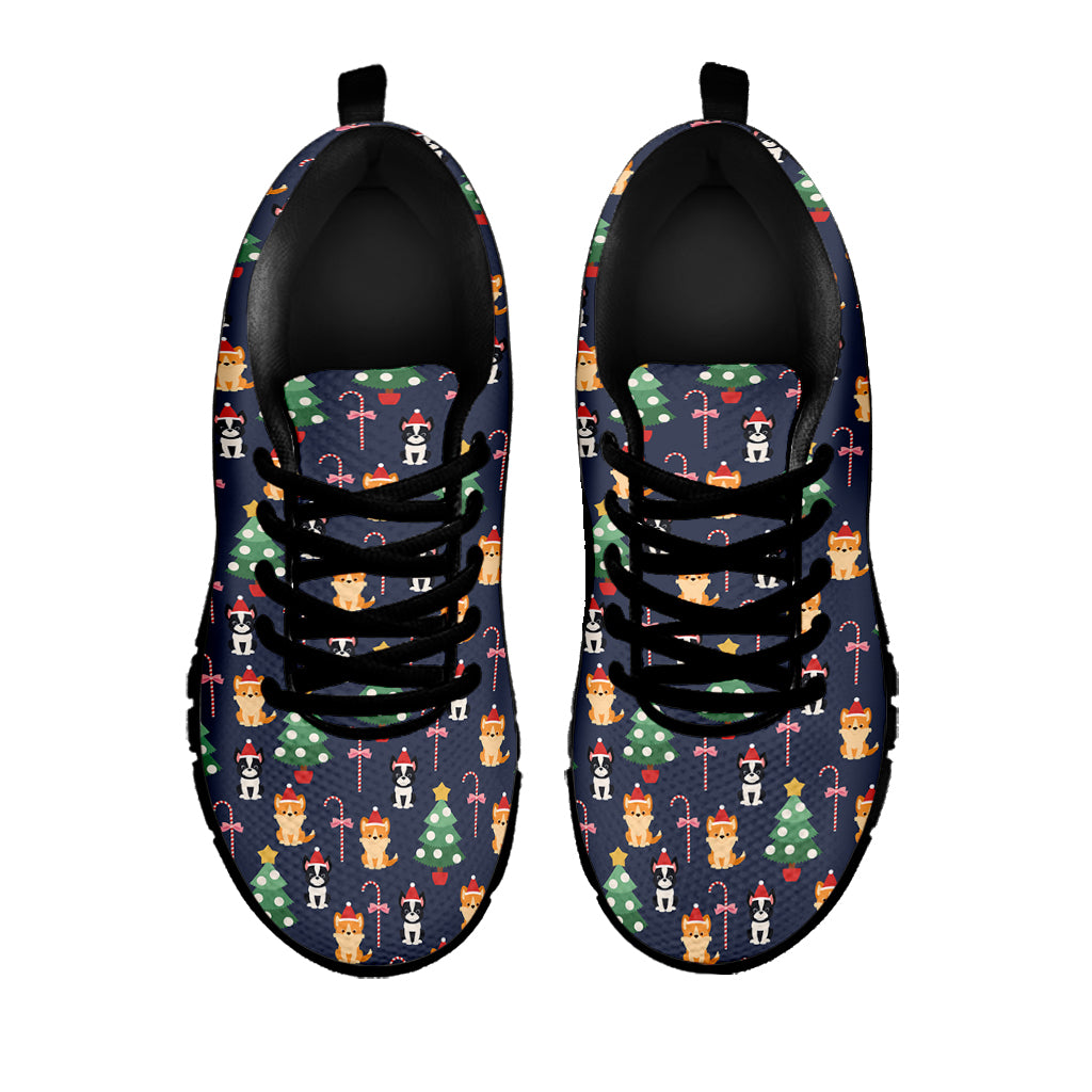 Christmas Boston Terrier And Corgi Print Black Sneakers