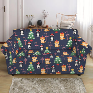 Christmas Boston Terrier And Corgi Print Loveseat Slipcover