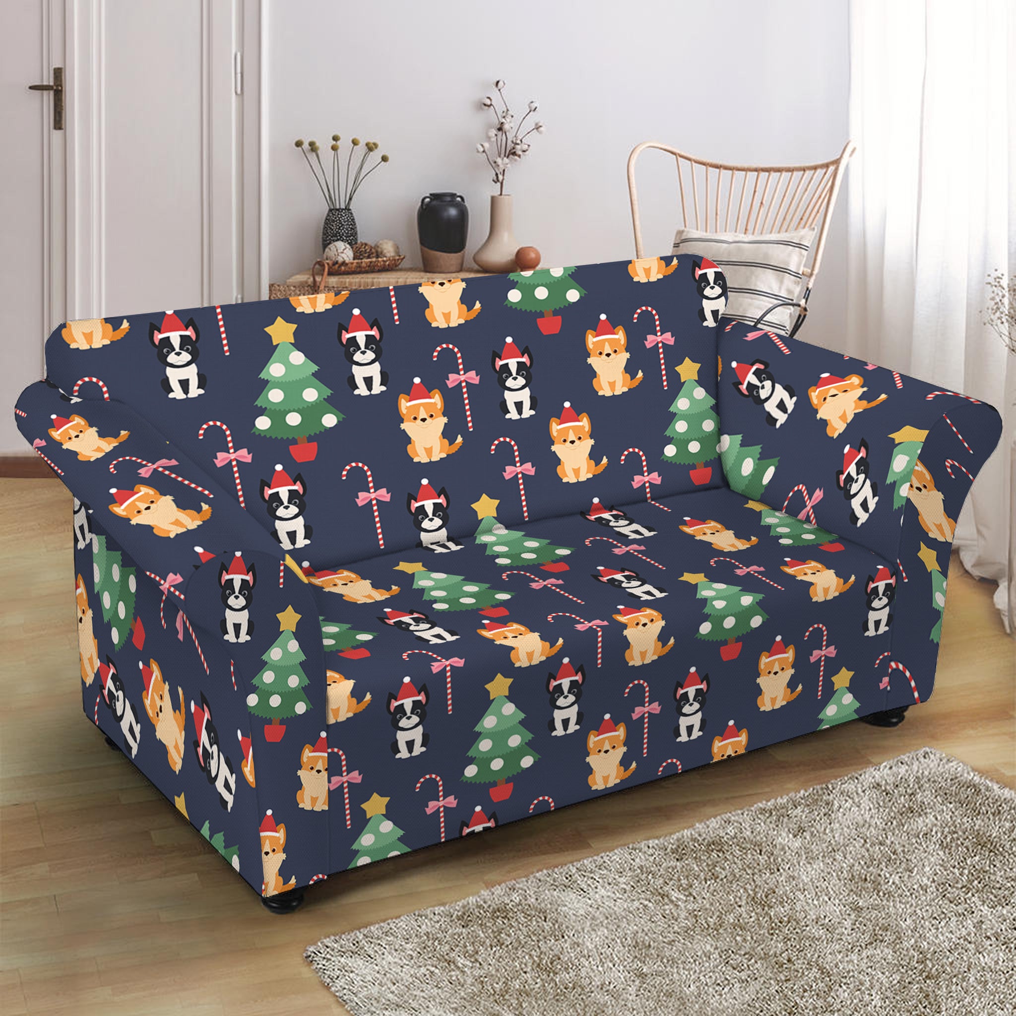 Christmas Boston Terrier And Corgi Print Loveseat Slipcover