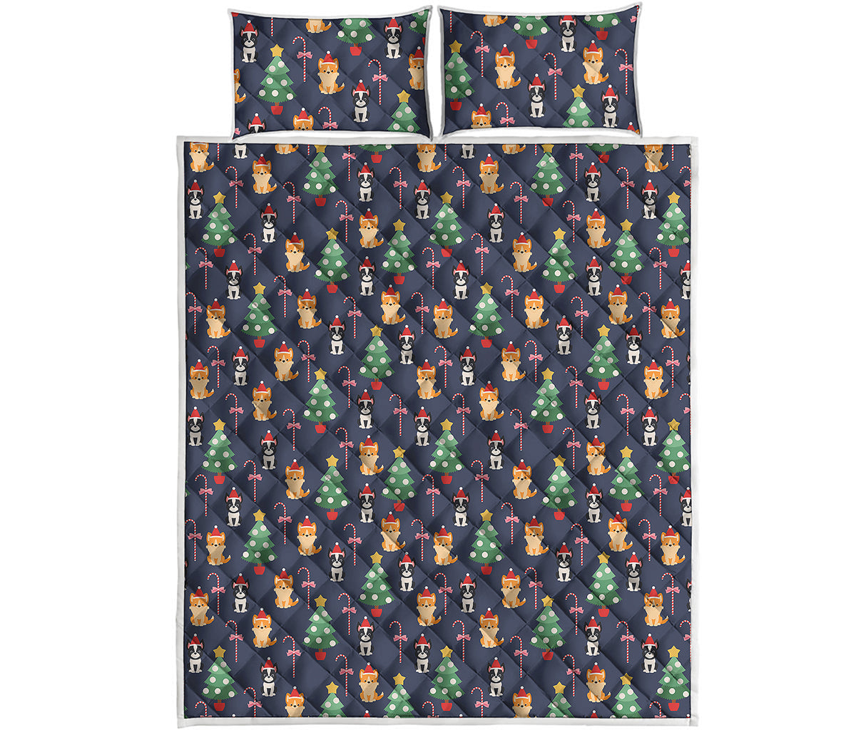 Christmas Boston Terrier And Corgi Print Quilt Bed Set
