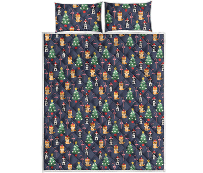 Christmas Boston Terrier And Corgi Print Quilt Bed Set