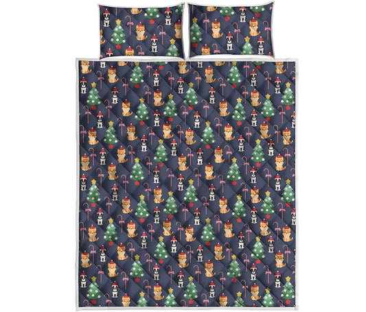 Christmas Boston Terrier And Corgi Print Quilt Bed Set