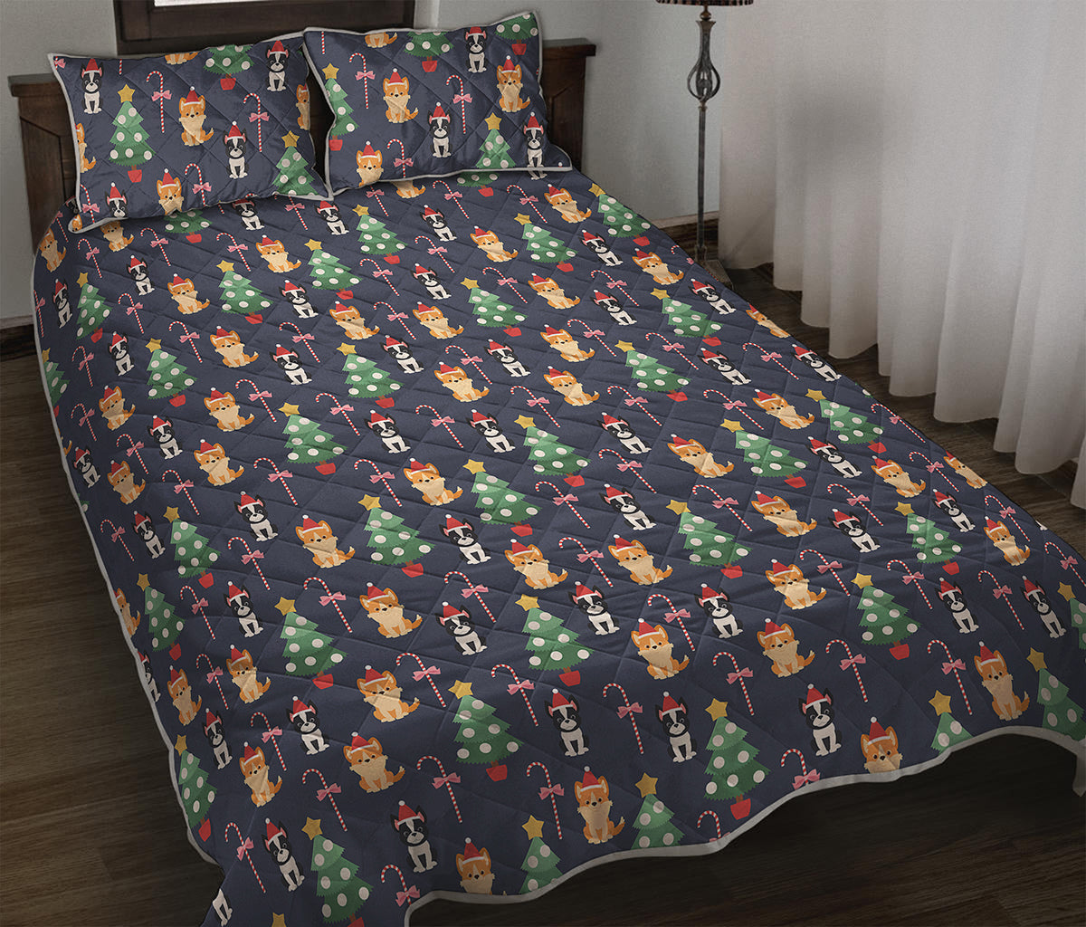 Christmas Boston Terrier And Corgi Print Quilt Bed Set