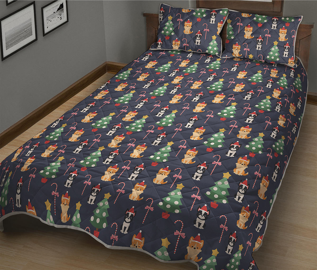 Christmas Boston Terrier And Corgi Print Quilt Bed Set