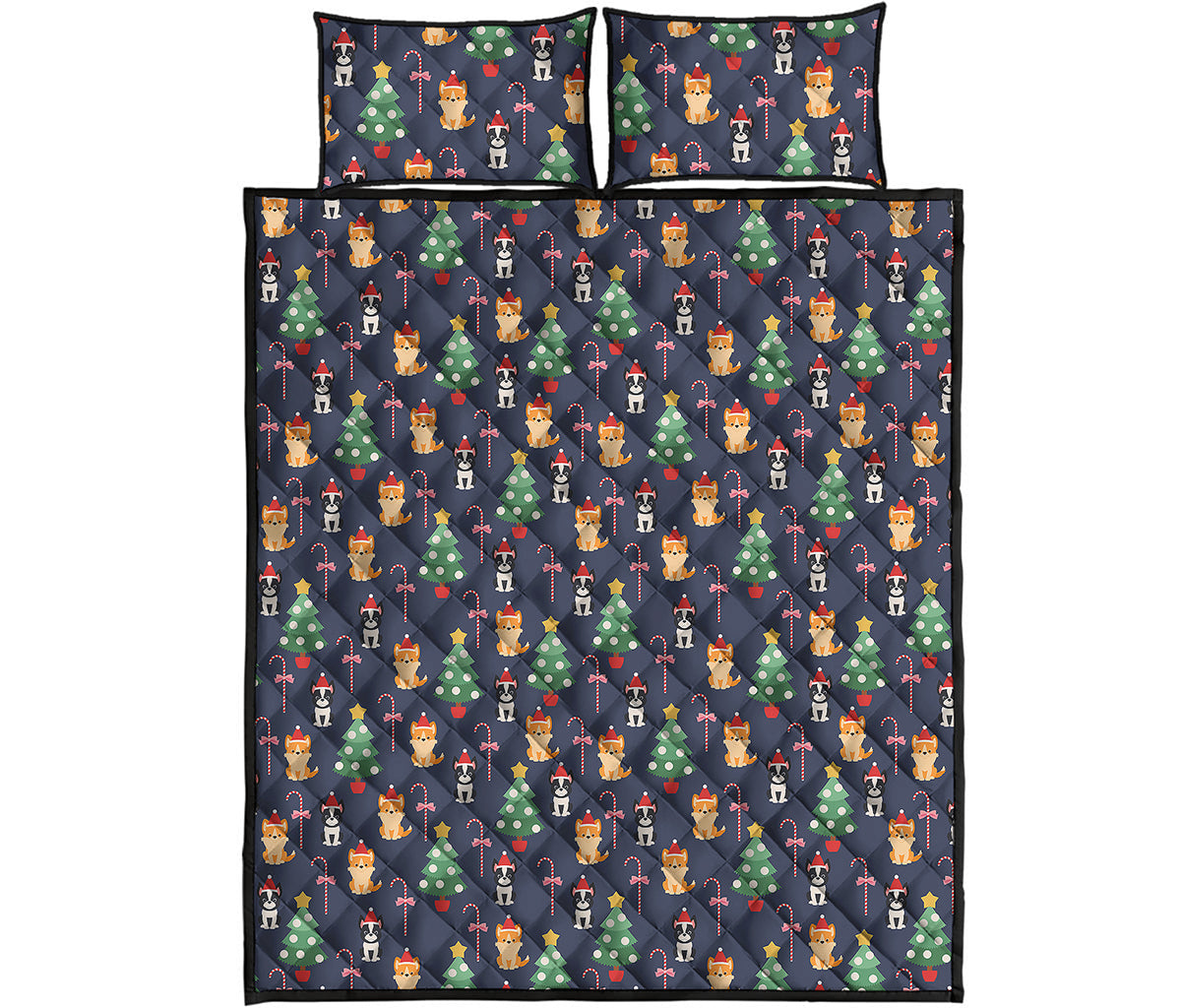 Christmas Boston Terrier And Corgi Print Quilt Bed Set