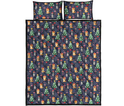Christmas Boston Terrier And Corgi Print Quilt Bed Set